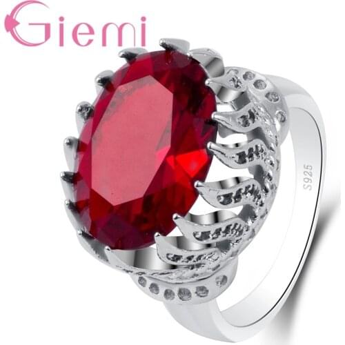 New Authentic 100% 925 Sterling Silver Big Oval Rings for Women Luxury Red Crystal Jewelry Ring Bijoux Femme Anel Gift
