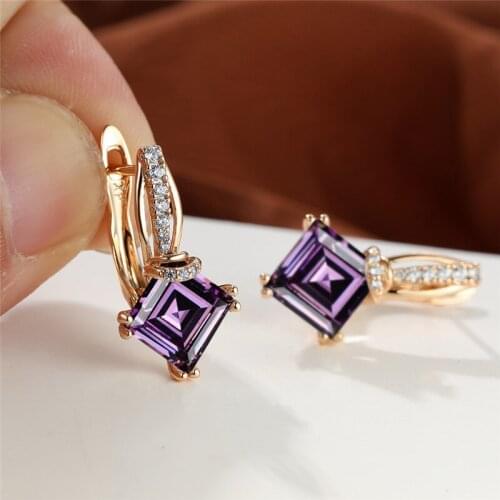 Charm Multicolor Square Stone Earrings Female Luxury Rainbow Crystal Hoop Earrings Rose Gold Color Engagement Earrings For Women