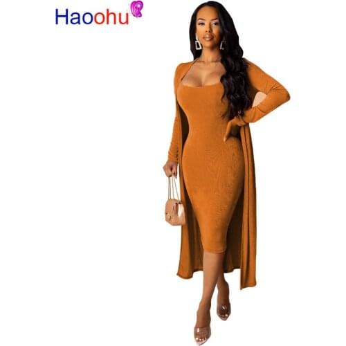 Autumn Women Solid Velvet Bodycon Spaghetti Strap Midi Dress & Long Sleeve Clock Coat Sexy Night Club Dresses Vestidos