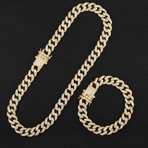 A set Hip Hop Miami Curb Cuban Chain Necklace Golden Iced Out chain Rhinestones CZ Rapper Link Silver Color Necklace Men Jewelry