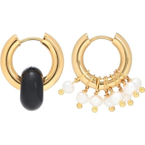 Parisian label Timeless Pearly delicate bauble vintage trinkets black stone ring women Baroque fresh water pearl hoop earrings