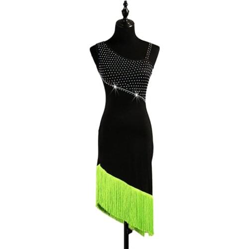 New Latin Dance Dress Women Competition Green Fringe Skirt Club Party Dancer Singer Entertainer Tassel Black Dress Customizable