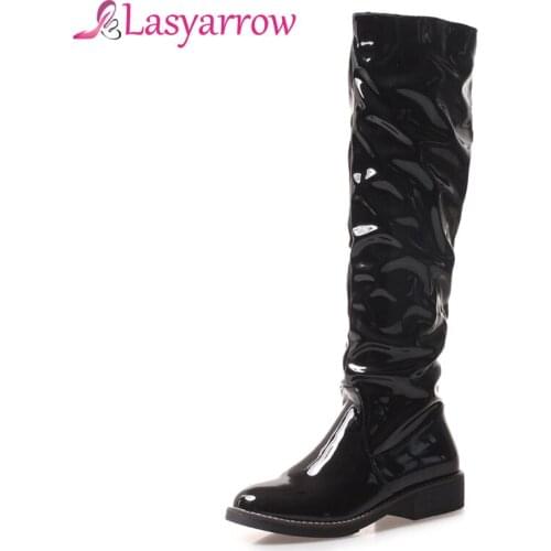 Lasyarrow Motorcycle Boots Low Square Heels Round Toe Solid Pleated Slip On Martin Boots Ladies Black Knight Boots Woman F577