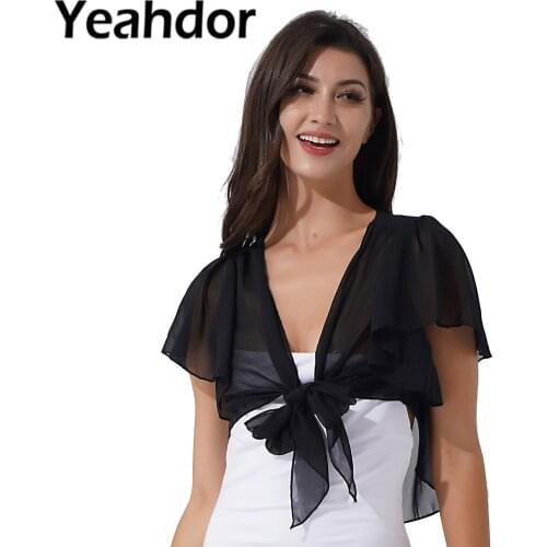 Womens Fashion Chiffon Shrug Shawl Short Ruffle Sleeve Open Front Pleated Bolero Cardigan Wedding Party Bridal Wraps Cover Ups