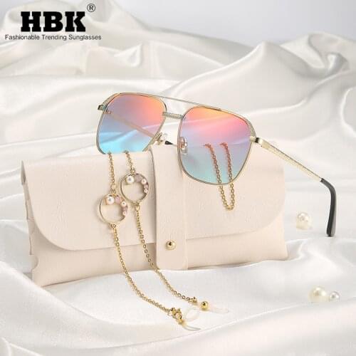 HBK Ladies Sunglasses Women Men Luxury Brand Square Mirror Lens Sun Glasses Crystal Chain Summer Oculos Lunette De Soleil Femme