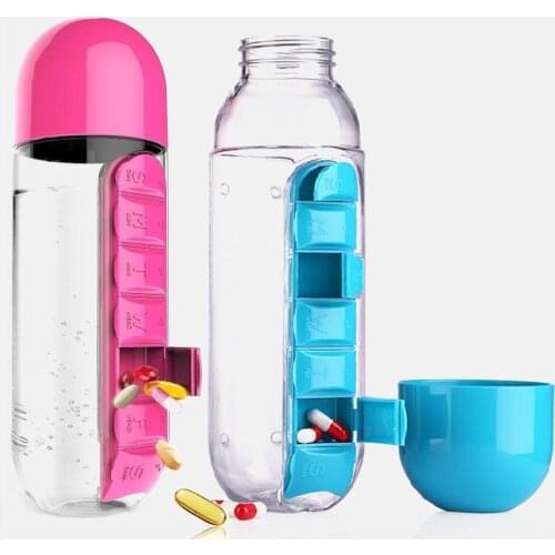 Sports Water Bottle with Pill Box 2 in 1 Capsule Removable Daily Organiser Drinking Bottles Leak-Proof Bottle Tumbler Outdoor