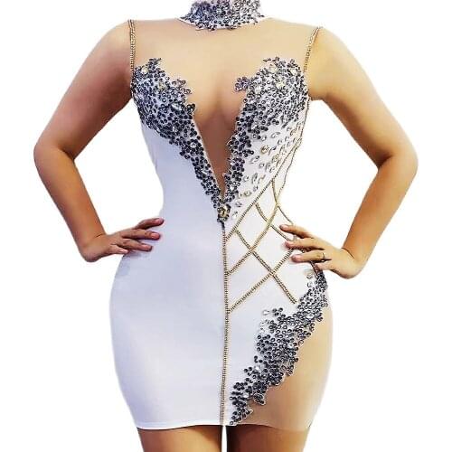 Sparkling Sequins Rhinestones Dress Mesh Gauze Perspective Dresses Performance Bodycon Sleeveless Mini Party Evening Costume