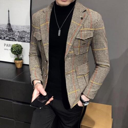 2021 Spring Men Plaid Blazers British Printed Wedding Business Casual Blazer Suit Jacket Male Formal Blazers Plus size S-3XL
