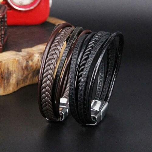 Vintage Genuine PU Leather Men Bracelets Steel Multilayer Handmade Braided Rope Bracelets For Male Female Jewelry Gift