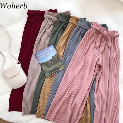 Woherb Korean Autumn Wide Leg Pants Women Casual High Waist with Bow Belt 2020 New Pleated Pant Trousers Femme 21057
