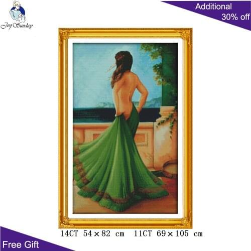 Joy Sunday Green Dress Beauty Home Decor R550 14CT 11CT Counted and Stamped The Lady In Green Dress Embroidery Cross Stitch kits