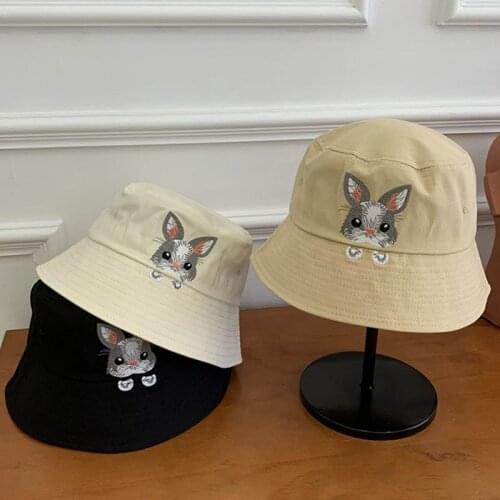 Japanese Style Women Summer Outdoor Bucket Hat Cute Cartoon Rabbit Animal Embroidery Bright Solid Color Sunscreen Fisherman Cap