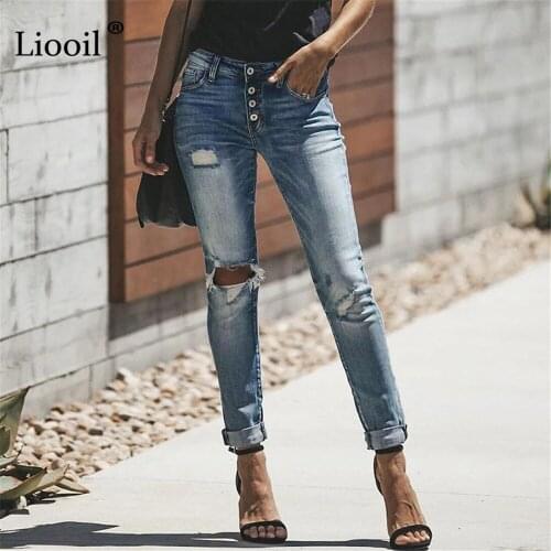 Sexy Stretch Button Up Ripped Jeans For Women With Pockets 2021 Streetwear Mid Waist Jean Trousers Wash Skinny Hole Denim Pants