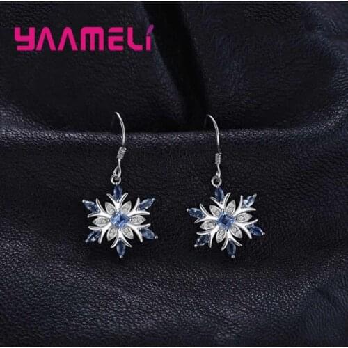 Winter Sale Woman Earring 925 Sterling Silver French Hook Blue Zircon Snowflake Dangler Ear Brincos Pendientes Luxury Jewelry