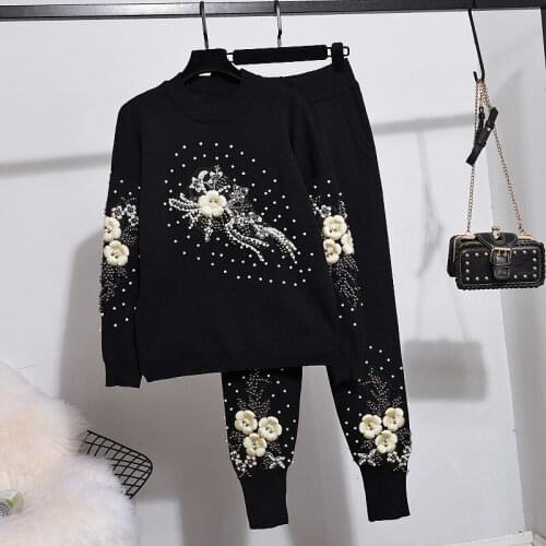 2020 Autumn knit Set Women Casual Fashion Beading Flower Long sleeve Knitted Sweater+Small Feet Pants Two Piece Set Winter