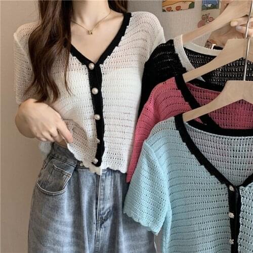Knitted Cardigan Summer New Style Hollow Thin Ice Silk Short-sleeved Shirt V-neck High-waist Short T-shirt Women