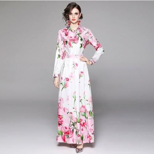 Runway Long Sleeve Christmas Dresses 2021 Women Turn-down Collar Vintage Floral Print Sashes Long Maxi Dress k531