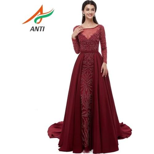 ANTI Burgundy Elegant Evening Dress Lace Beaded Crystal A-Line Dress Robe De Soiree High Waist Slim Puls Size Custom Made C005