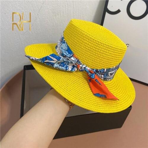 2021 Summer Candy Color Flat Top Straw Hat Ribbon Boatman Beach Hat Ladies Summer Wide Brim Hat Panama Straw Hat Travel Gorras