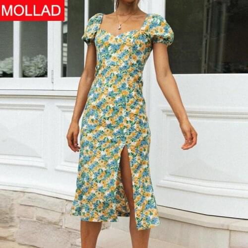 2021 Cross-Border AliExpress Summer New Square Collar Elegant Slim Fit Slimming High Waist Slit Dress