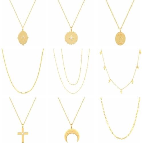 Aide 925 Sterling Silver Trendy Classic Cross Moon Pendants Necklace For Women Vintage Ladies Collar Layered Necklaces Bijoux