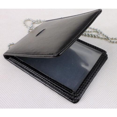 Black Leather Badge ID Card Wallet Holder Case With Neck Chain