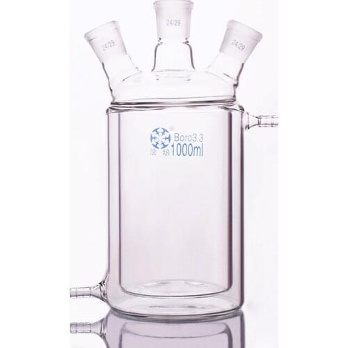 Double-deck cylindrical three-necked flat bottom flask,Capacity 1000ml,Joint 24/29,Mezzanine jacketed reactor bottle