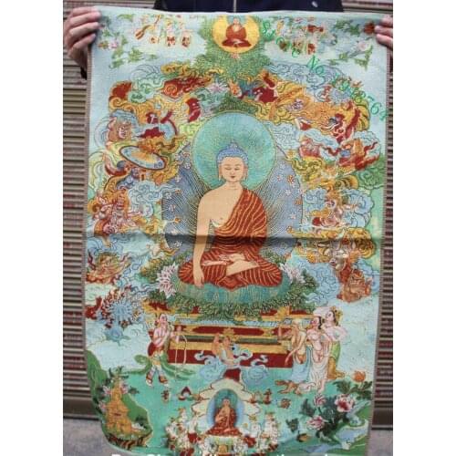 Chinese Tibet Silk embroidery Amitabha Buddha Tangka Thangka Paintings Mural-36 inch