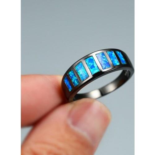 Luxury Bride Promise Love Round Engagement Ring Cute Female Blue Fire Opal Stone Ring Vintage Black Gold Wedding Rings For Women