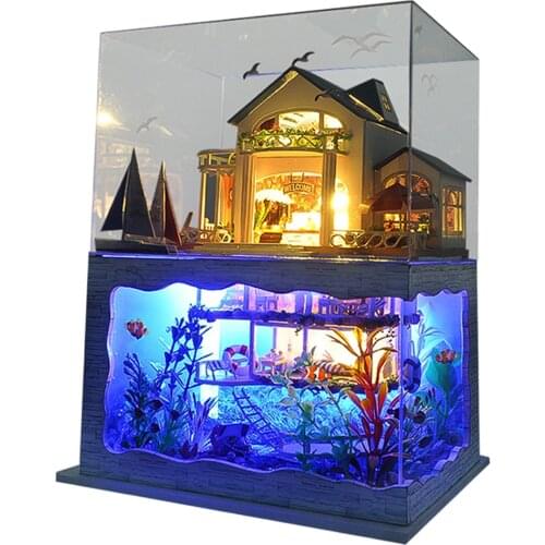 Doll House Furniture Mini Wooden Hawaii Villa Cottage House Self Assembled