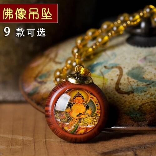 Buddha Statue Small Thangka Tibetan Buddhism Imitation Wood Pendant Necklace