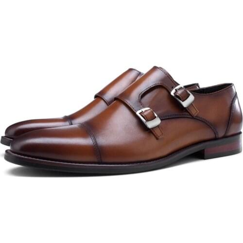 Fashion Black / Blue / Brown Double Monk Strap Mens Business Dress Shoes Genuine Leather Office Shoes Male Wedding Groom Shoes