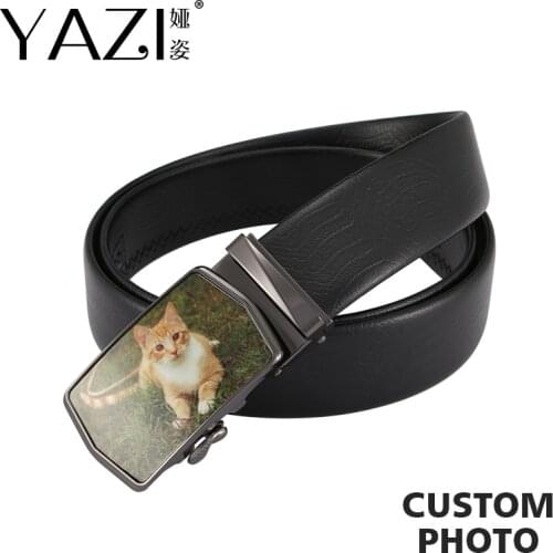 YAZI Custom Photo Belt Cow Leather Luxury Mens Girdles Brand Automatic Buckle Black Genuine Leather Adult Belts Gift For Man