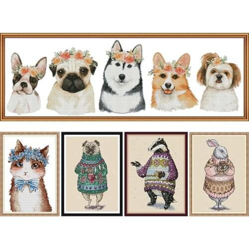 Cross Stitch Kit Stamped Embroidery DMC Dogs Animal 11CT 14CT Print Thread Canvas Craft Needlework Decoration Counted Fabric Set