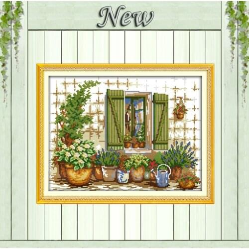 Outside the window Pot painting counted printed on canvas DMC 14CT 11CT DMC chinese Cross Stitch Embroidery kits Needlework Sets