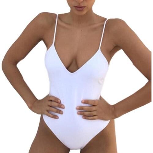 Solid Color V Neck Backless Monokini Women Padded One-piece Swimwear Swimsuit купальники женские 2021