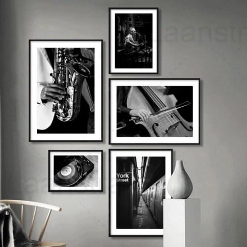 Retro Black White Poster New York Bar Singer Musical Instrument Gramophone Wall Picture Canvas Painting Home Bar Pub Decoration