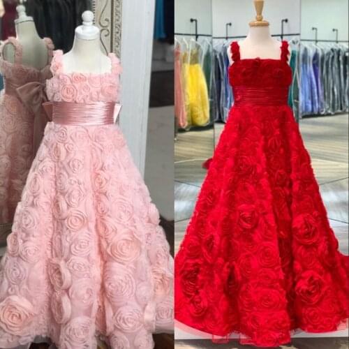 Stunning Pink Rosettes Girls Pageant Dress 2020 for Infant Toddler Kids Baby Girl 3D Roses Floral Birthday Party Gown for Teens