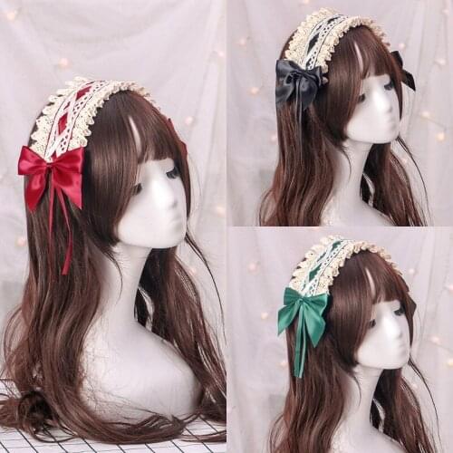 Lolita Headdress Sweet Headband Lace Bow Printing Ribbon Hoop Printing Hair Accessories for Women