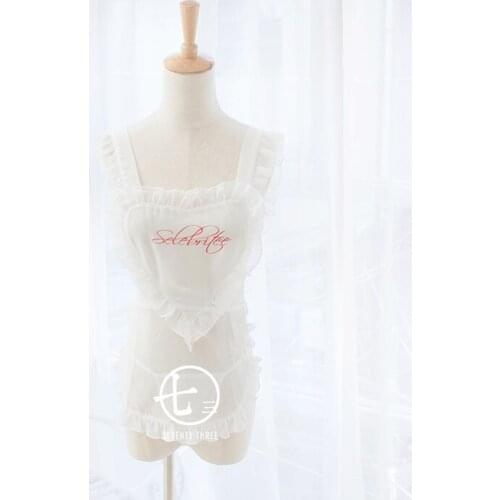 Sexy Heart Shape Nake Apron Womens Transparent Dress & White T-back Panties 2PCS Set Cute Exotic Apparel Color White