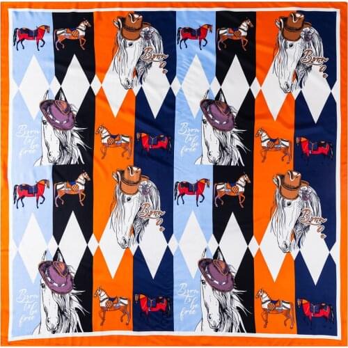 Silk Scarf Women Horse Hat Print Stoles Square Scarves Wraps Large Bandana NecKerchief Lady Hijabs Female Silk Foulards 130CM