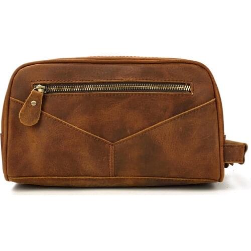 Crazy horse genuine leather wristlet men cosmetic bags travel toiletry bag big wash bags male real leather make up bag organizer