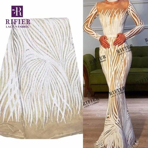 White Sequined Tulle Mesh Fabric African French Net Wedding Party Dresses Sewing Material Unique Style Indian Embroidery Laces