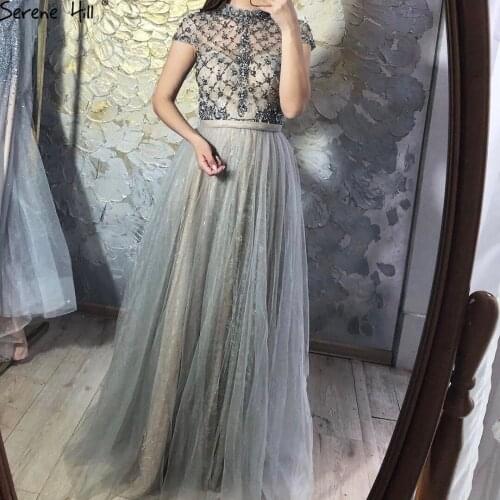 Serene Hill Dubai Grey High-end O-Neck Sexy Evening Dress 2021 Sleeveless A-Line Diamond Beading Formal Party Gown CLA70142