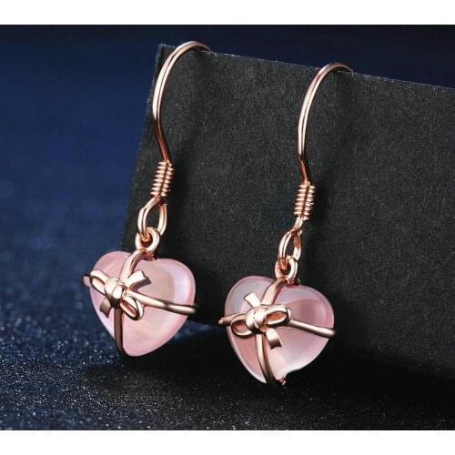 925 Sterling Plated Rose Gold Filled Beautiful Rose Quartzs Heart-shaped Bowtie Dangle Earrings For Women Wedding Jewelry