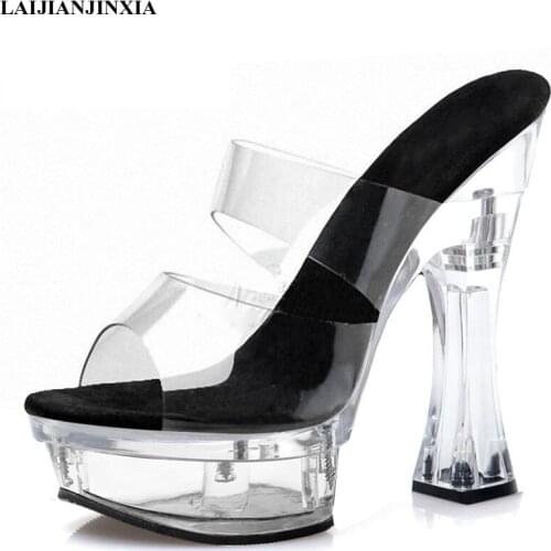 New style Concise Clear Crystal Spool heels Thick platform Women Slippers 14 CM Super High heeled shoes Big Size Stripper Fetish