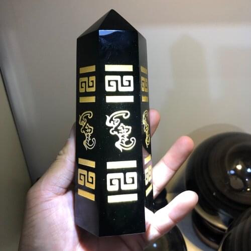 1pcs Natural obsidian pillars carved LOGO decoration office furniture decoration and decorative gifts