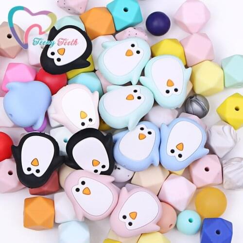 10PCS Cartoon Silicone Penguin Beads Chewable Animal Baby Teething Loose Beads Pacifier Chain Accessories BPA Free Baby Teethers