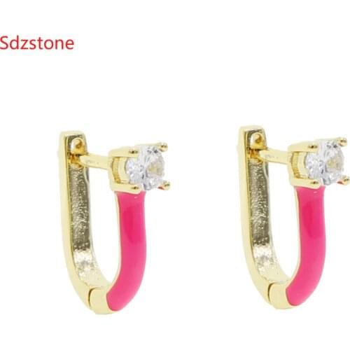 13mm Small Geometric Hoop Earrings For Women Colorful Enamel Earring Neon Bright Fluorescent Jewelry Gold Color Hoop Rectangle