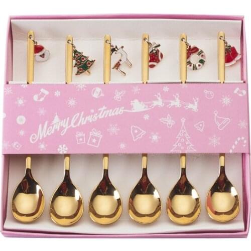 6pcs/set Stainless Steel Ice Cream Dessert Christmas Spoon Long Handle Coffee Spoon for Xmas Gift Dessert Decoration